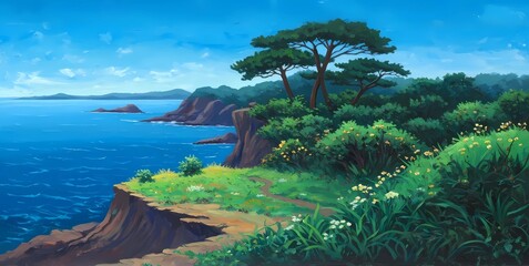 Peaceful coastal landscape featuring a grassy cliff, windswept pine, and distant shoreline under a clear blue sky