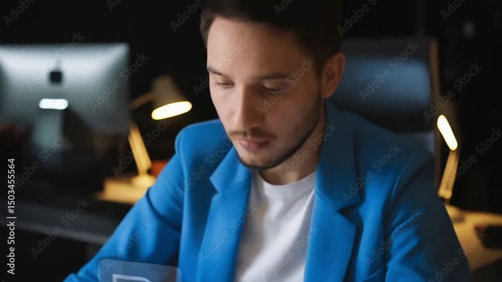 Aufkleber person typing on a keyboard with loading documents graphic overlay and blue jacket on a desk