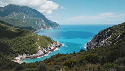Fototapeta premium Scenic coastal landscape with mountains and turquoise sea