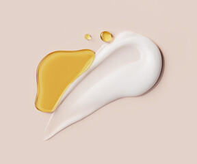 3D rendering of skincare cream and golden oil smears on a neutral background. Perfect for cosmetic ads, moisturizer textures, spa treatments, and beauty product presentations.
