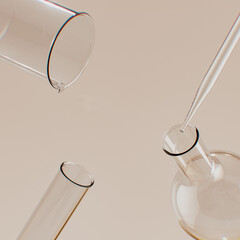 Laboratory glassware medical background. 3d rendering lab research equipment, cosmetic testing abstract concept