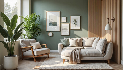 Cozy living room with green walls and stylish furniture