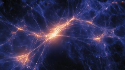 Concept of cosmic strings rippling through space with their immense energy distorting the fabric of space time and connecting distant parts of the universe