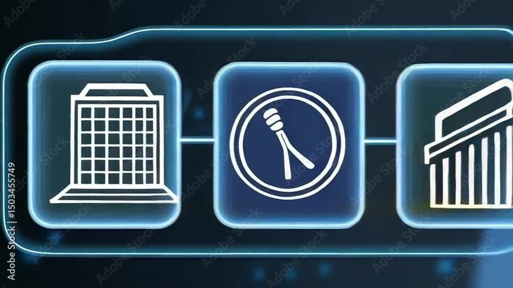 Poster finger touching rfid icon on screen with circuit board and building icons around in dark blue tone