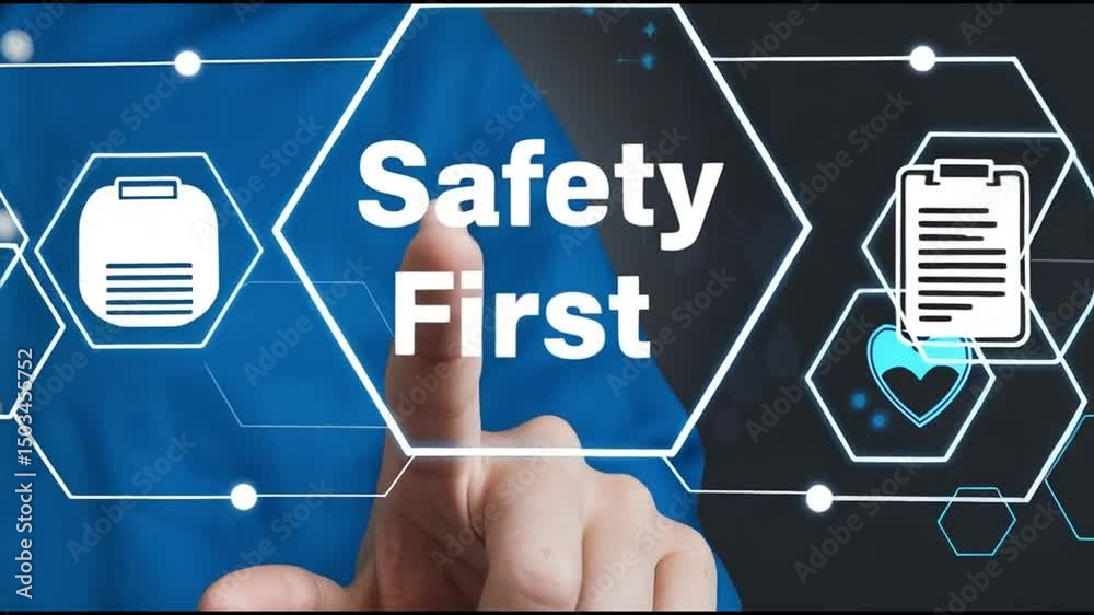 Poster a man in a blue shirt pointing at a safety first graphic with various icons on a dark background
