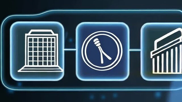 Finger touching rfid icon on screen with circuit board and building icons around in dark blue tone