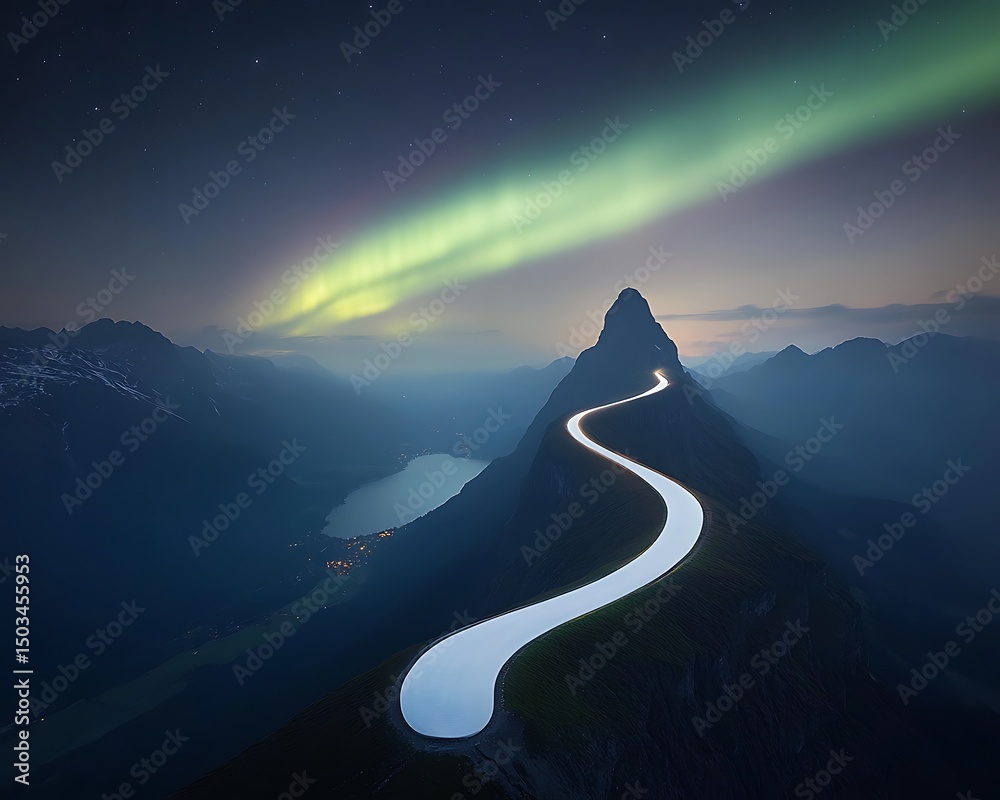 Wall mural mountain road with aurora, and night landscape.