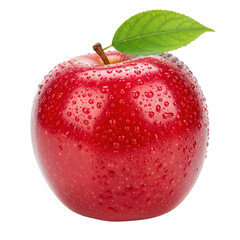 Red apple with water droplets and leaf on black