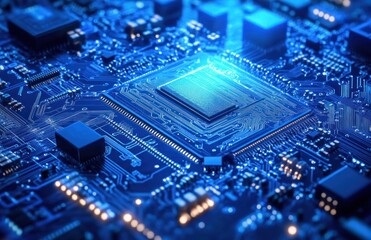 Blue glowing CPU on circuit board, technology background, digital future