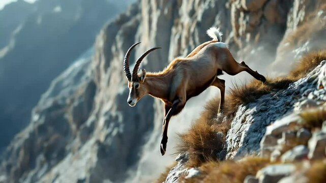  An ibex running along a steep cliff edge, hooves gripping rocky ledges as the wind whistles past