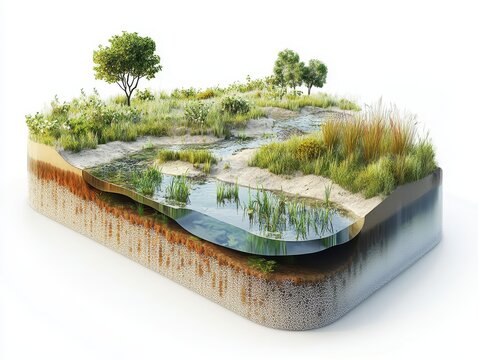 3D concept of an urban-edge smart wetland buffer, displaying stormwater intake zones, layered plant filtration, biodiversity support structures, and overflow basins, isolated on white.