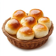 Round, golden-brown dinner rolls in a wicker basket