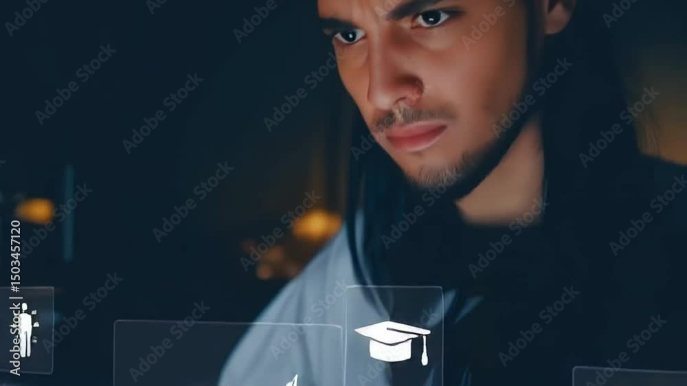 Poster person typing on laptop with mba target and teamwork icons overlayed in a digital interface