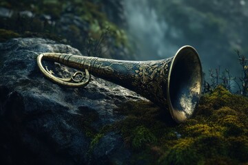 Fototapeta premium Antique brass trumpet on rocks
