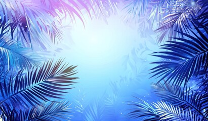 Tropical leaves frame, blue gradient background, summer vacation