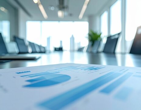 Modern conference room with business reports and statistical graphs