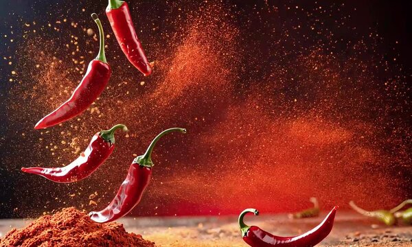 Red chili peppers exploding with spice powder