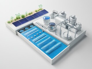 3D visualization of a solar-powered coastal desalination unit, showing evaporation chambers, condensation mechanics, and clean water output flow, cutaway view on white.