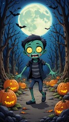 Playful young zombie moonwalking under full moon in Halloween forest with bats and glowing pumpkins Generative AI