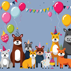 Fototapeta premium Cartoon-Animals-Celebrating-Birthday-Party-Illustration-Festive-Balloons-Colorful-Party-Hats-Cute-Dogs-Celebration-Fun-Kids-Birthday-Themes-Celebratory-Event