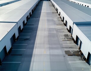 Aerial view of industrial warehouse with loading docks and clear pathway