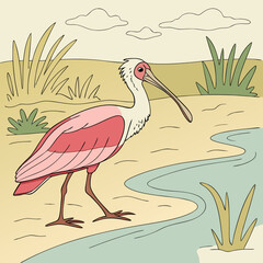 Elegant vector illustration of a roseate spoonbill, showcasing its vibrant pink plumage and distinctive spoon-shaped bill in a graceful pose.