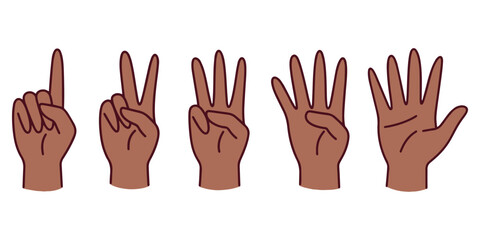 Dark brown hands showing numbers one to five using finger gestures in a horizontal layout. Designed for visual education tools promoting inclusive representation and early numeracy