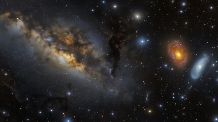 Fototapeta premium Deep space scene showing the Milky Way galaxy surrounded by distant galaxies and cosmic radiation with stars and nebulae illuminating the darkness