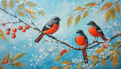 Colorful painting of three bullfinches with red bellies sitting on a branch, surrounded by a soft blue sky.  