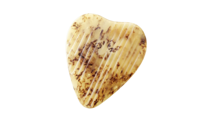 Heart shaped guitar pick showing grooves and transparent background