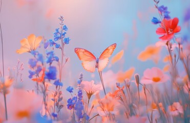 Butterfly on wildflowers, sunrise meadow, peaceful scene, nature background, spring