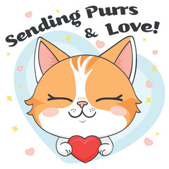 Cute chibi cat holding heart with text Sending Purrs and Love kawaii cartoon illustration