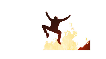 Fototapeta premium Silhouette of businessman jumping over fire with transparent background