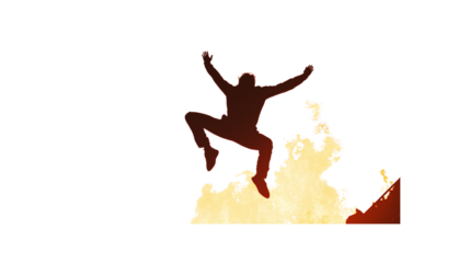 Silhouette of businessman jumping over fire with transparent background