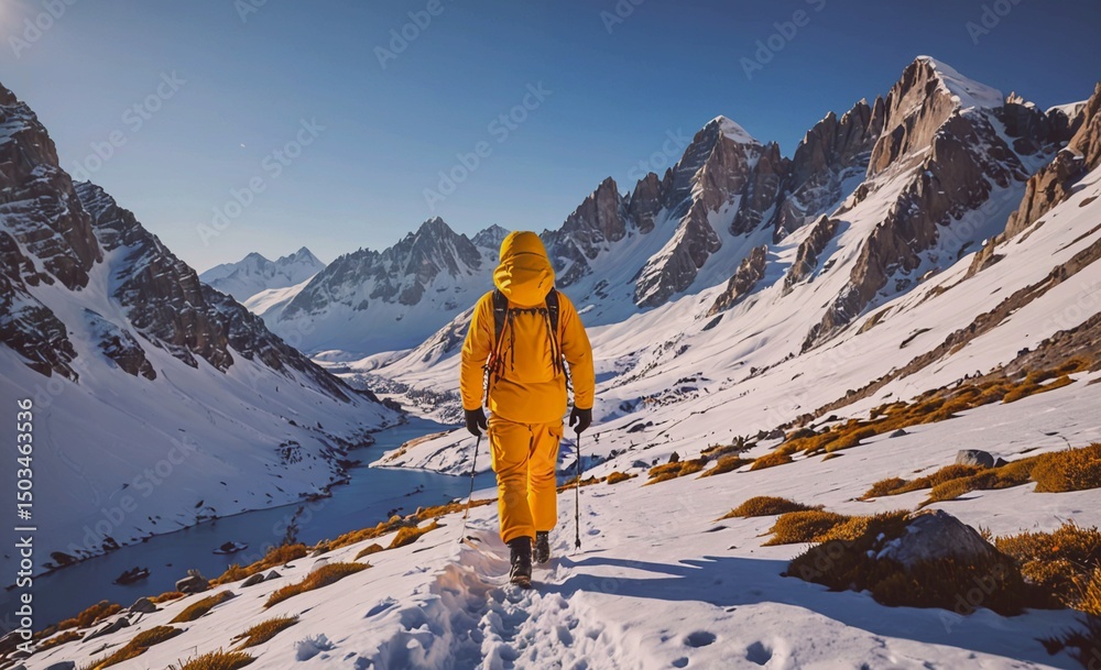 Poster man in a yellow jacket is walking on a snowy mountain. the mountains are covered in snow and the sky