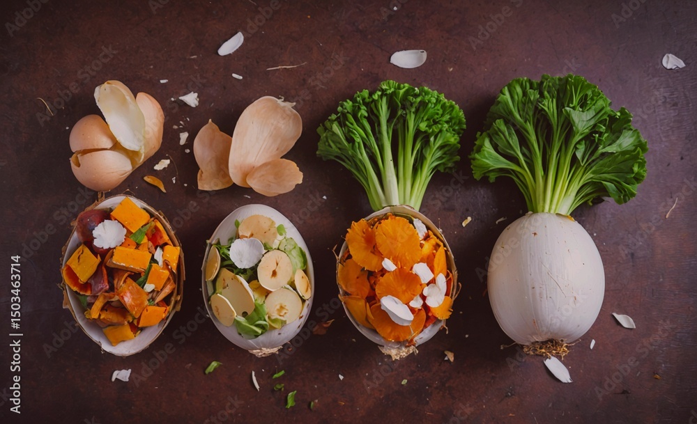 Poster Four bowls of food with vegetables and one with an egg. The bowls are arranged in a row on a table