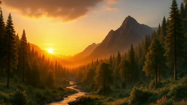 Sunset in the mountains.  Radiant sunset glows above the clouds, with the bright sun casting golden light across the sky.