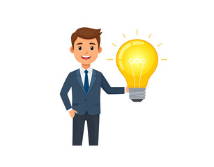 Smiling businessman holding a glowing lightbulb symbolizing innovation and creative ideas
