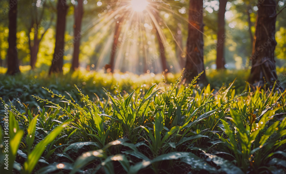 Poster forest with a bright sun shining through the trees. the sun is casting a warm glow on the grass and 