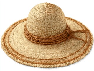 Beige Straw Sun Hat with Wide Brim and Rope Detail
