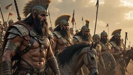 Epic warriors clad in ornate armor march toward an unknown battlefield with determination