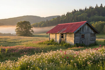 Rustic cabin in field landscape photography, rural scene, nature photography, summer meadow, sunrise light