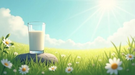World Milk Day : Glass of Milk in Wildflower Meadow