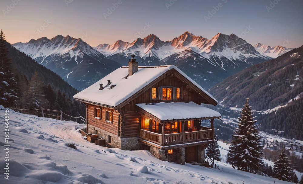 Poster cozy cabin with a fireplace and a view of the mountains. the cabin is surrounded by snow and the mou