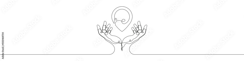 Poster hand holding location icon line continuous drawing vector. one line geolocation hand icon vector bac