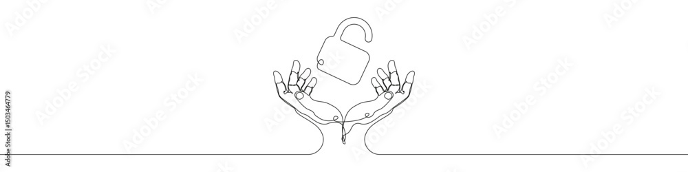 Poster hand holding lock icon line continuous drawing vector. one line security lock hand icon vector backg