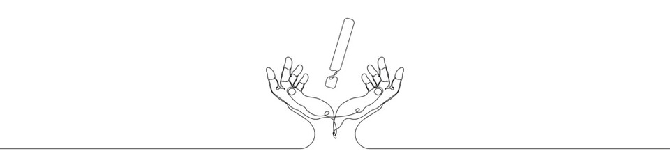 Hand holding Exclamation mark icon line continuous drawing vector. One line Exclamation mark hand icon vector background. Exclamation mark with hands icon. Continuous outline of a