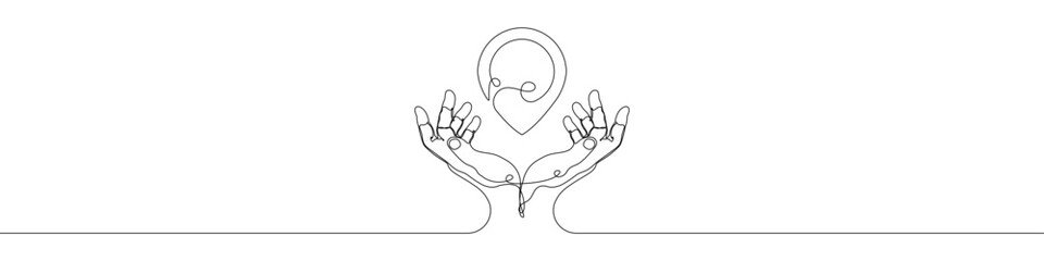 Hand holding Location icon line continuous drawing vector. One line Geolocation hand icon vector background. Map pin with hands icon. Continuous outline of a Hands of Location icon.