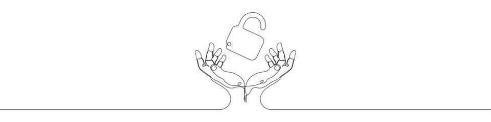 Hand holding Lock icon line continuous drawing vector. One line security Lock hand icon vector background. Safe Lock with hands icon. Continuous outline of a Hands of Lock icon.