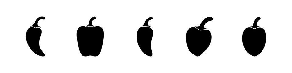 Set of black peppers vector. Vector icon set of hot fire peppers. Chili peppers, jalapeno, habanero, cayenne. Set of fruits vector. Vector illustration.